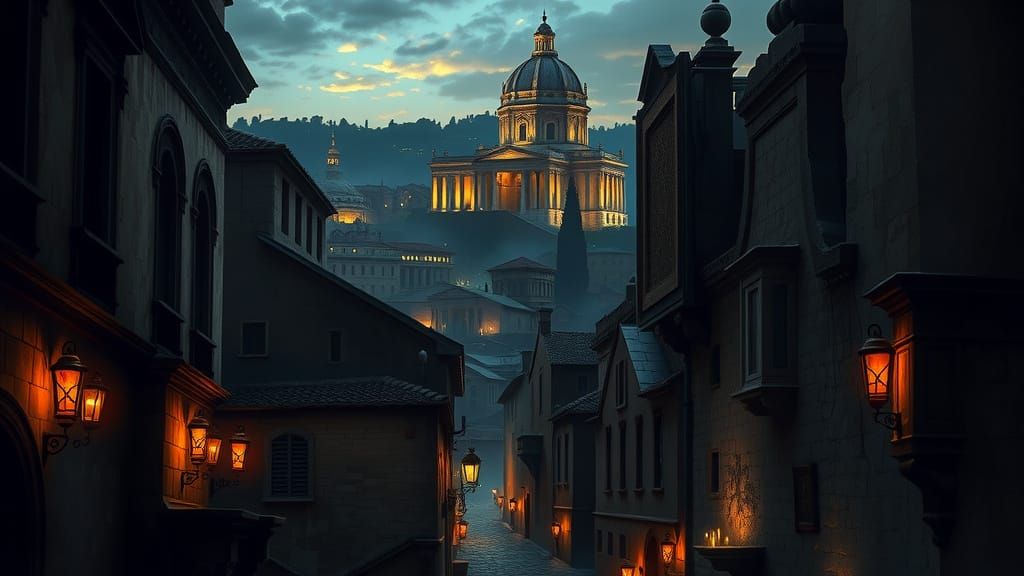 Shadows of Ancient Rome's Palatine Hill in Chiaroscuro Style