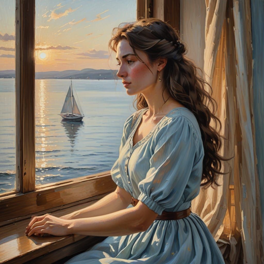 Impressionist Woman at Window with Soft Golden Light