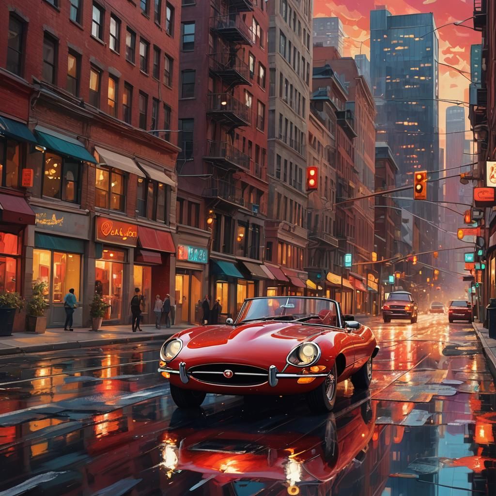 Red Jaguar E-Type in Abstract Cityscape, Digital Art