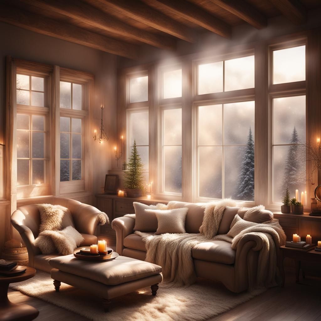 Cozy Indoor Room with Fireplace and Snow View