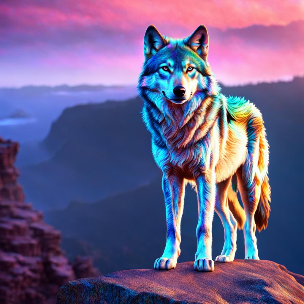 Holographic Wolf Overlooking Pack in Hyperrealistic Render