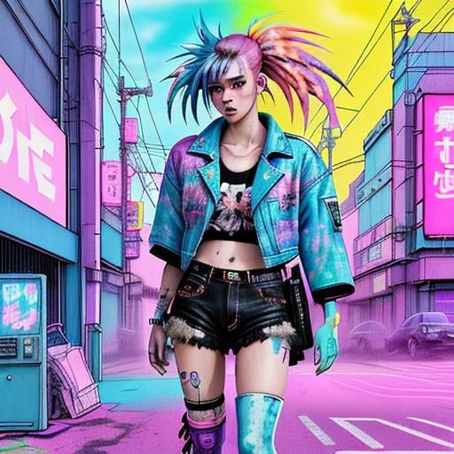 Japanese Punk in Vaporwave Watercolor Illustration