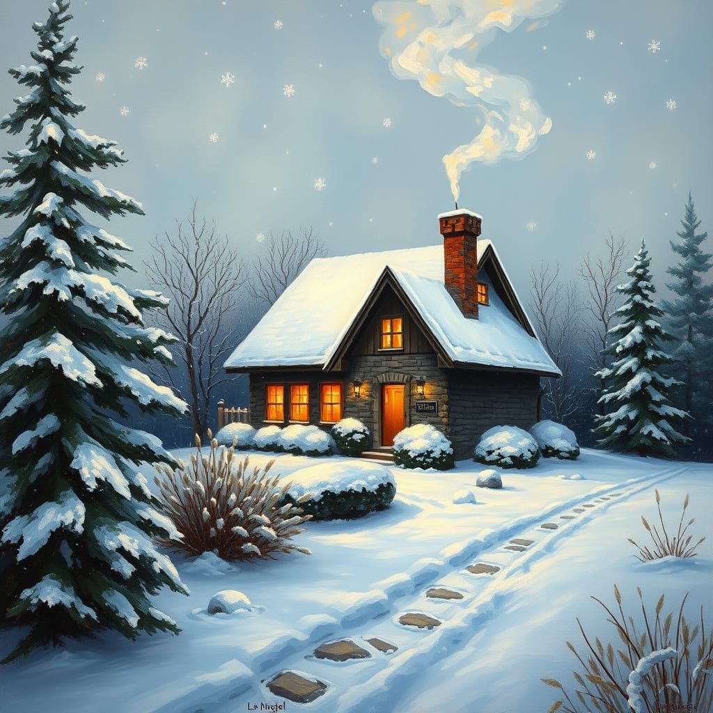 Cozy Winter Cottage in Impressionist Style