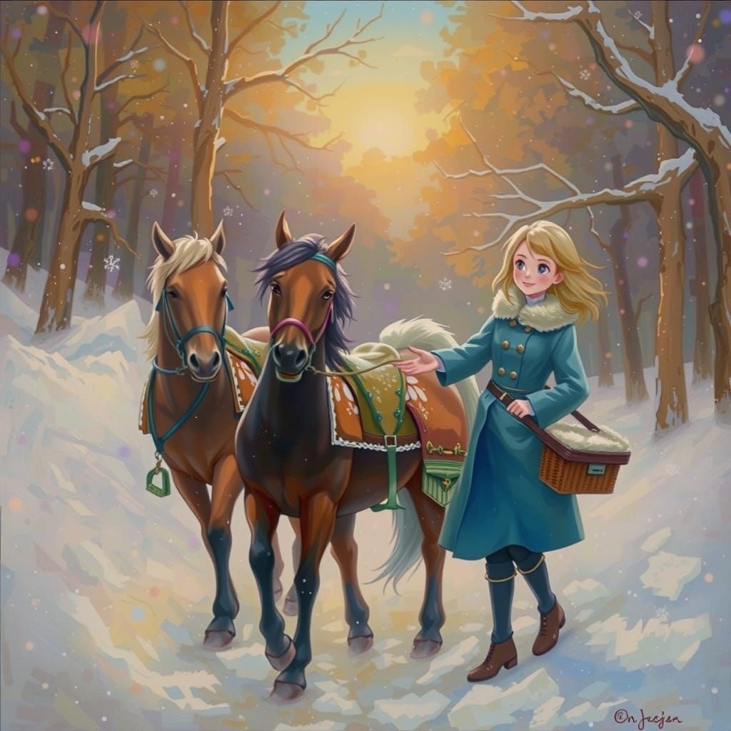 Girl in Blue Coats Majestic Horses in Serene Snowy Landscape