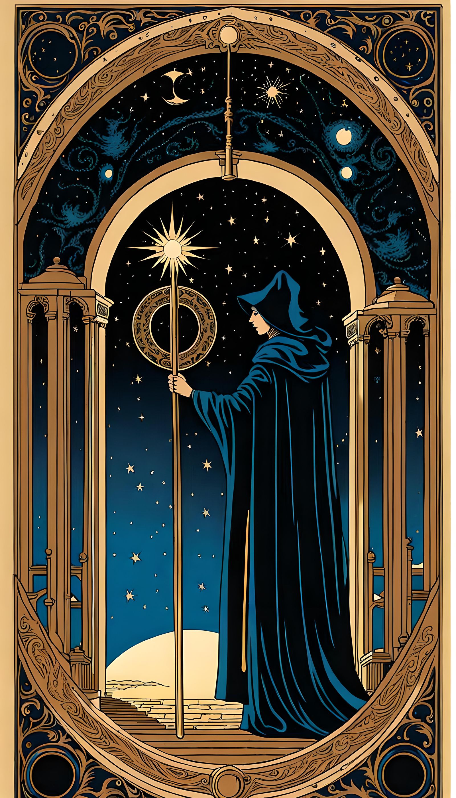 Woman Entering Star Portal in Woodblock Tarot Art