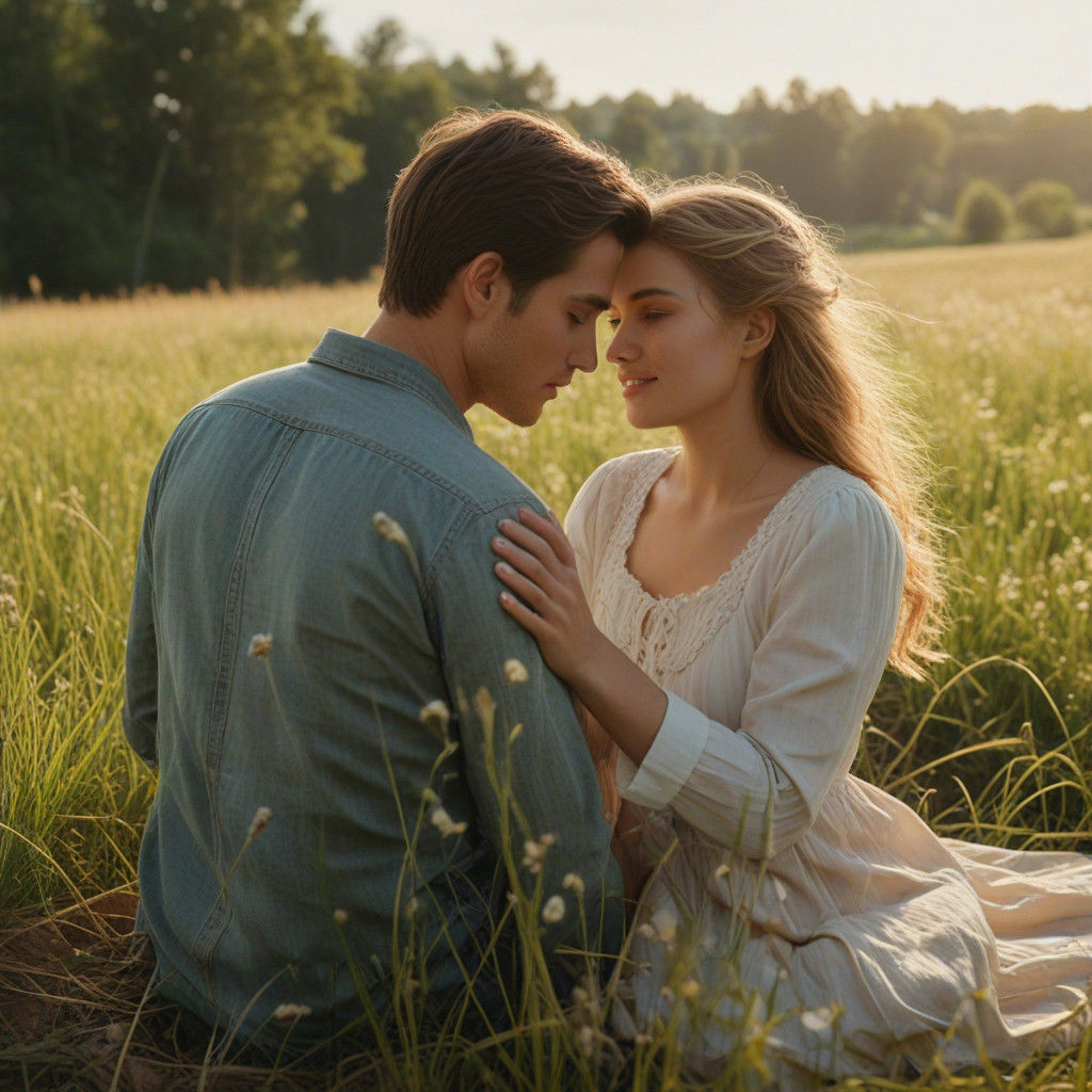 Young Lovers Embracing in a Sunny Meadow