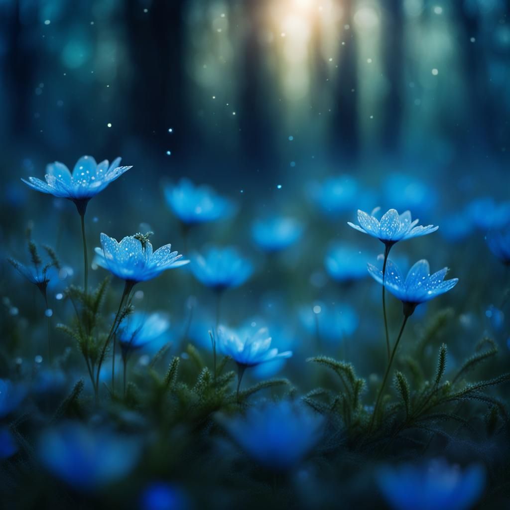 Glowing Blue Flowers in Magical Forest Glade