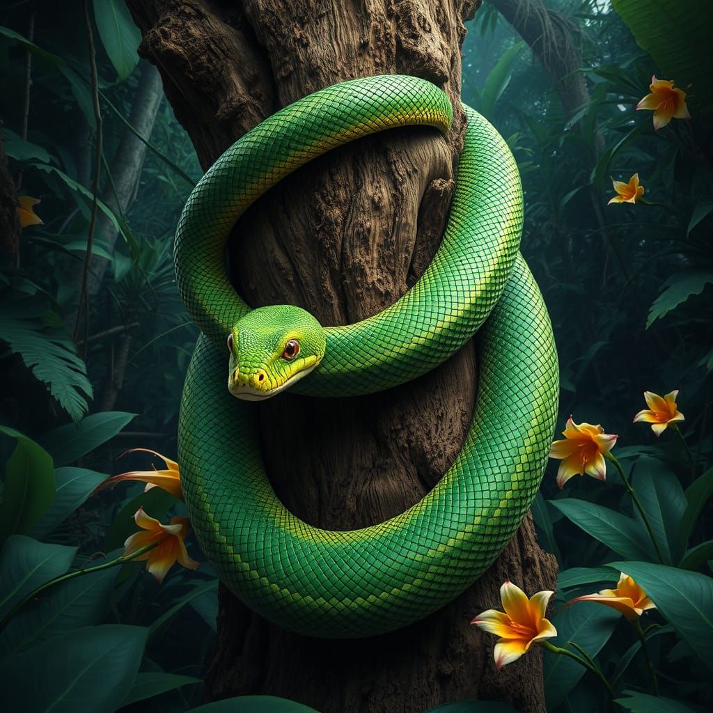 Green Snake in Amazon Forest, Photorealistic Detail