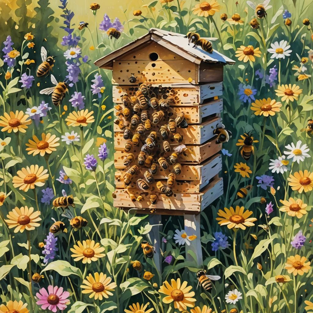 Beehive in Meadow: Gouache Style Impressionist Painting