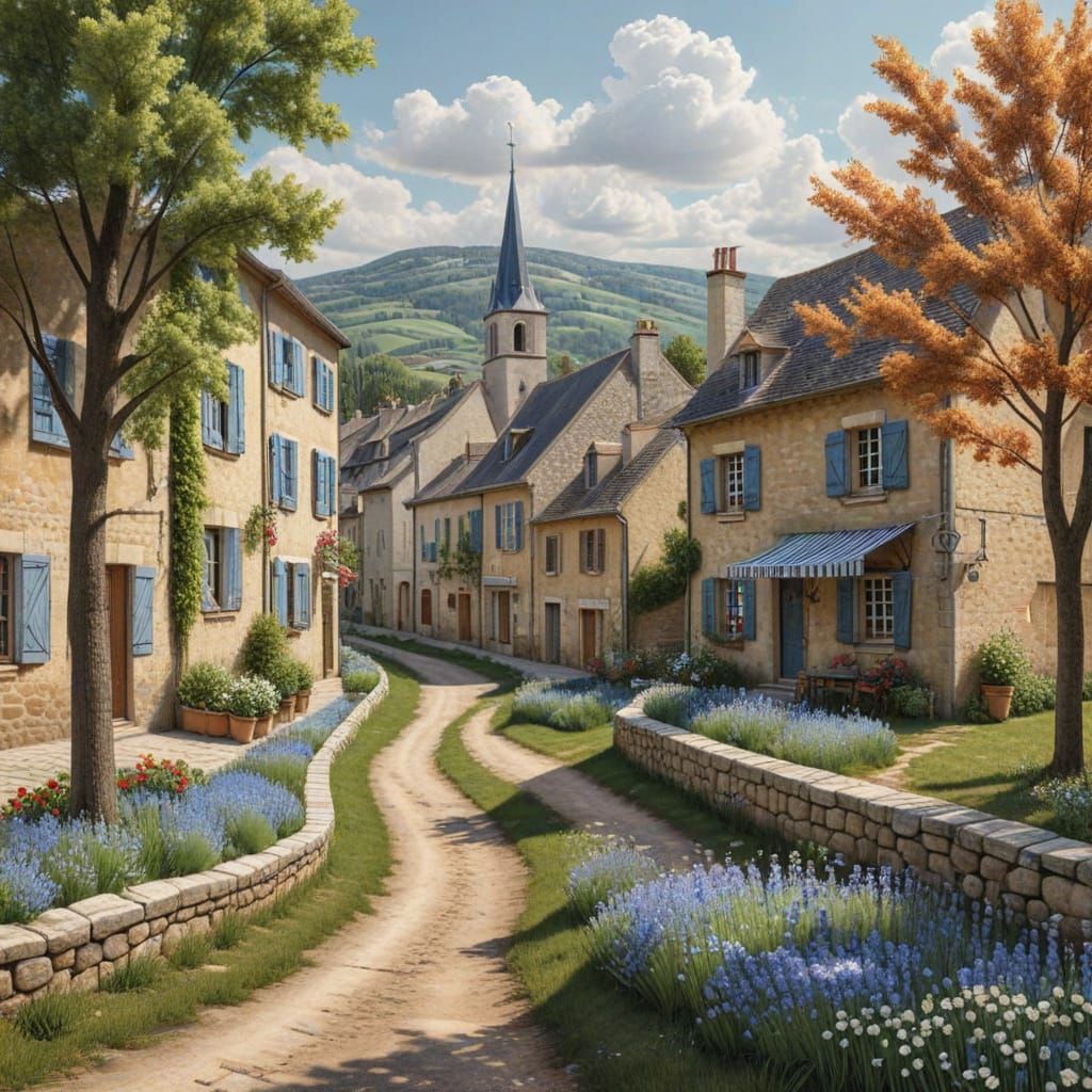 Mixed media, quilting. A gingham landscape of the French town of Guignamp. 3D shading