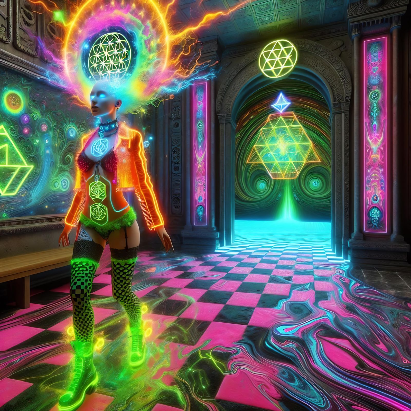 Psychedelic Punk Woman with Landscape Head in Gothic Room