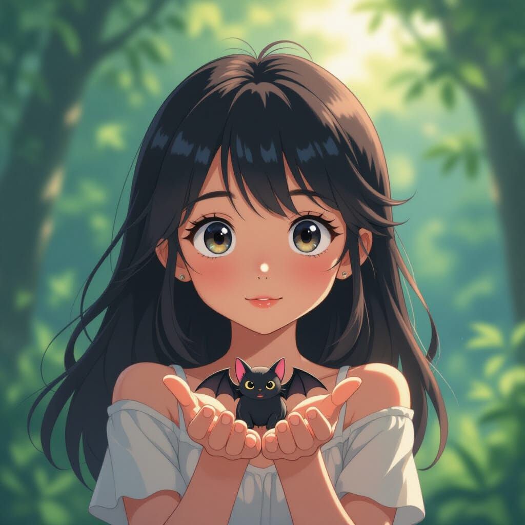 Alien Girl Holding Bat, Studio Ghibli Anime Style