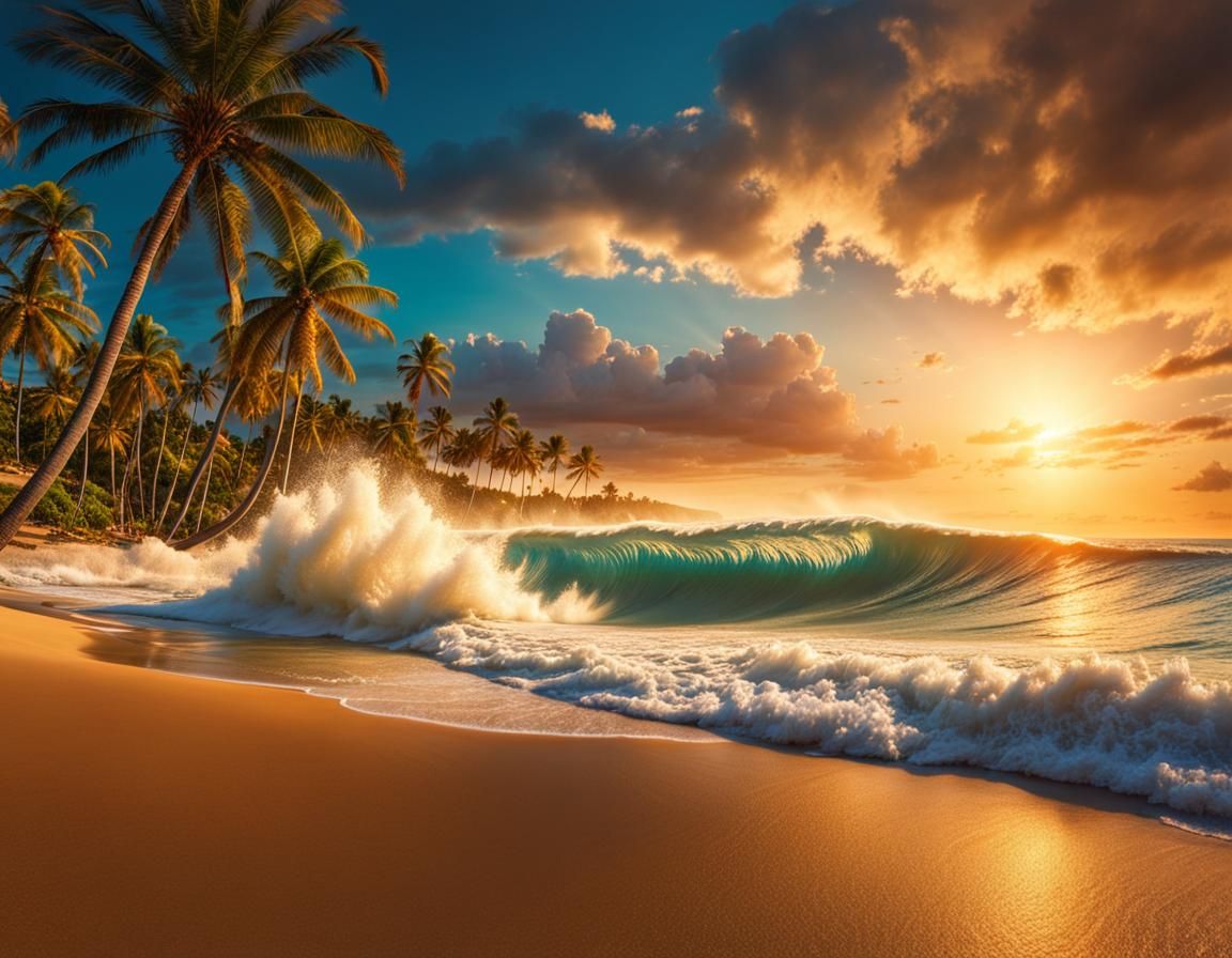 Giant Wave Rolls Towards Summer Beach at Golden Hour
