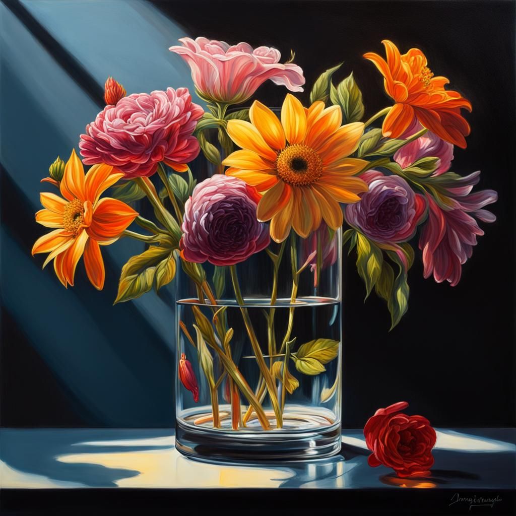Beautiful Flowers in a glass case still life painting. Dramatic lighting. Contrasting light. Dark shadows and bright hig...