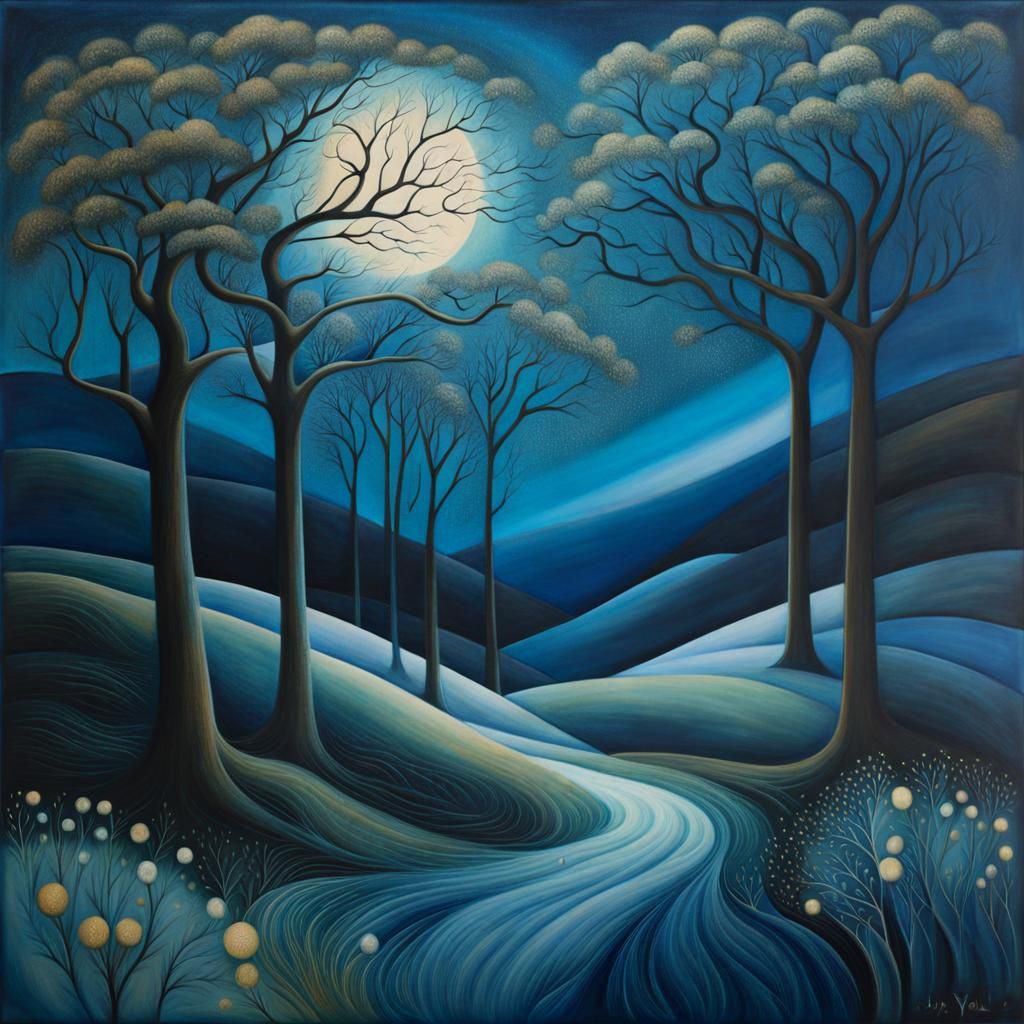 Surreal Windy Tree in Layered Art Style