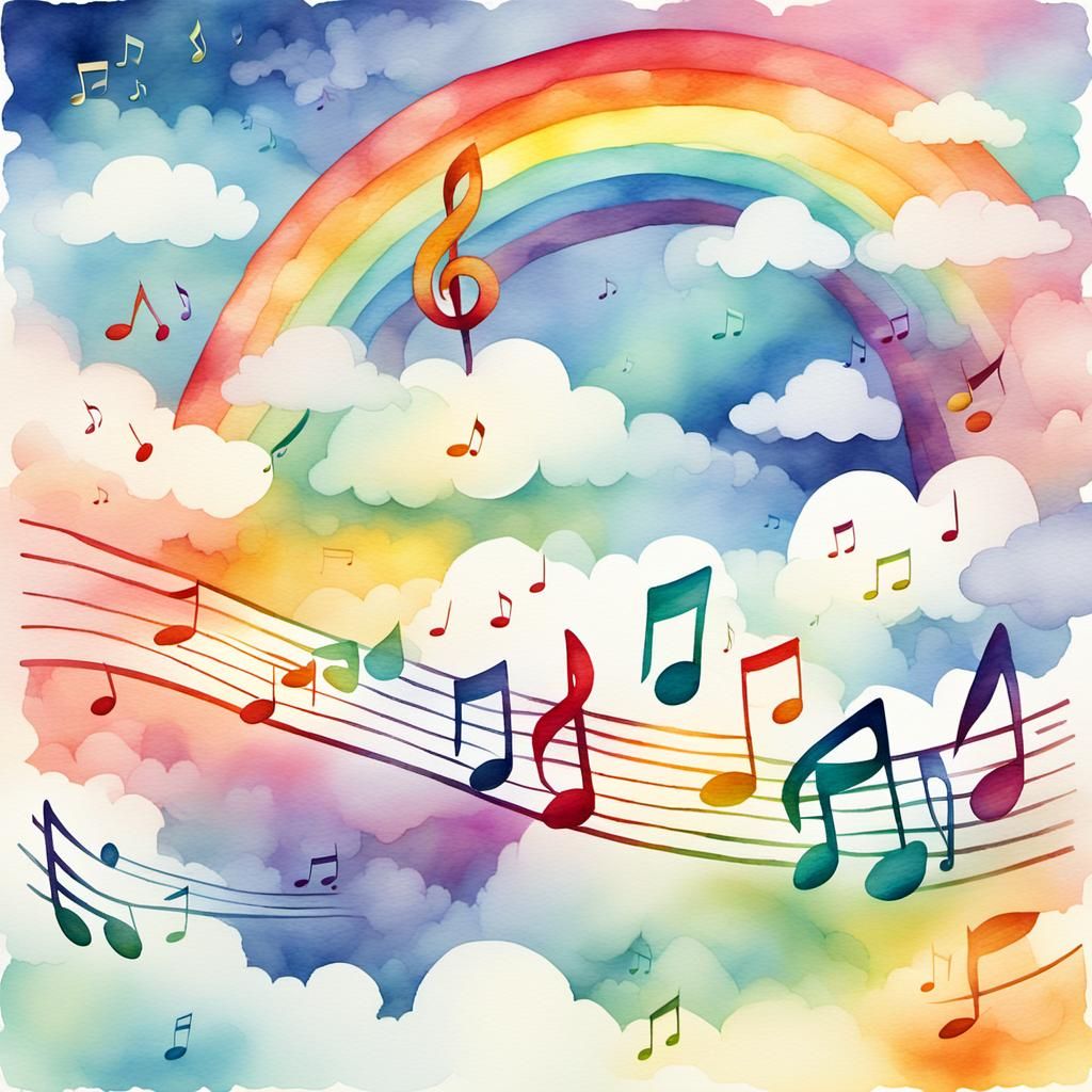 Whimsical Music Notes Over Rainbow in Watercolor
