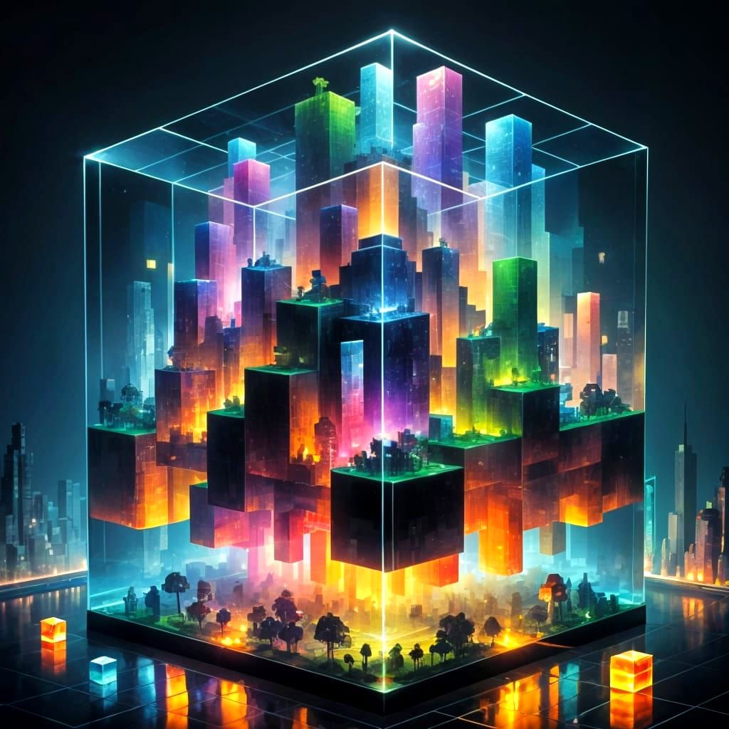 Vibrant Neon Cityscape within a Magical Tetris Minecraft For...