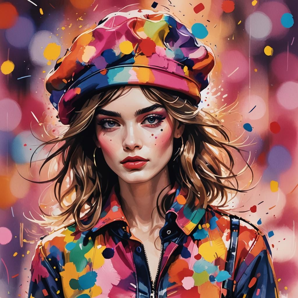Runway Model in Colorful Beret: Fashion Illustration