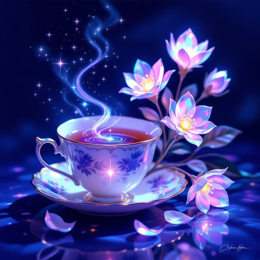 Magical Still Life: Teacup with Liquid Starlight and Crystal...