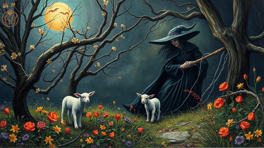 Halloween Witch Emerges in Springtime Impasto Landscape