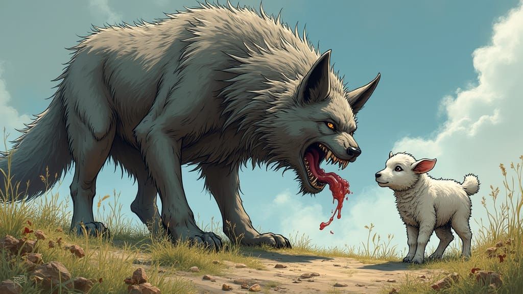 Grey Wolf Menaces Tiny Lamb in Vibrant Comic Book Style