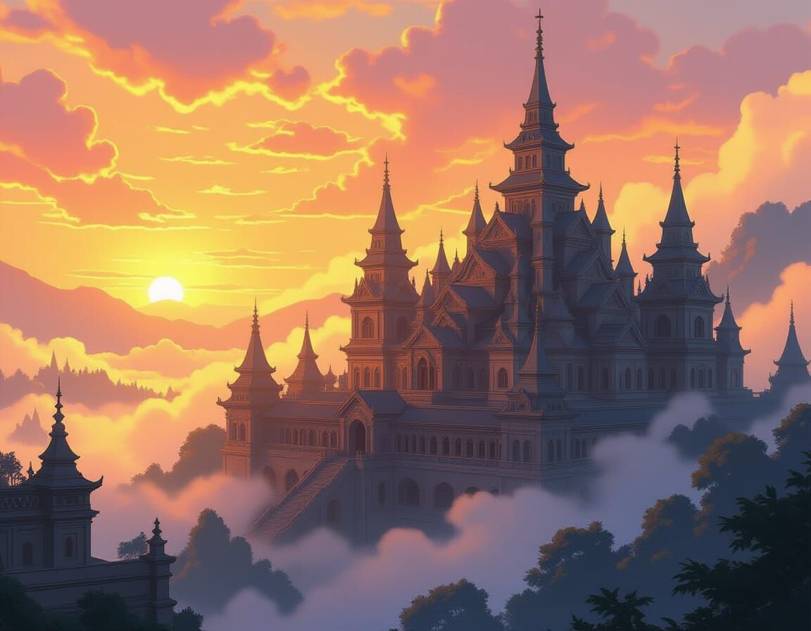 Majestic Royal Palace in Mystical Sunset Hues