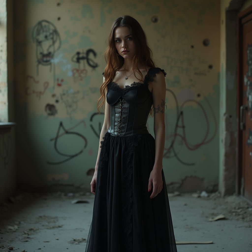 Gothic Woman in Abandoned Building, Realistic Photography