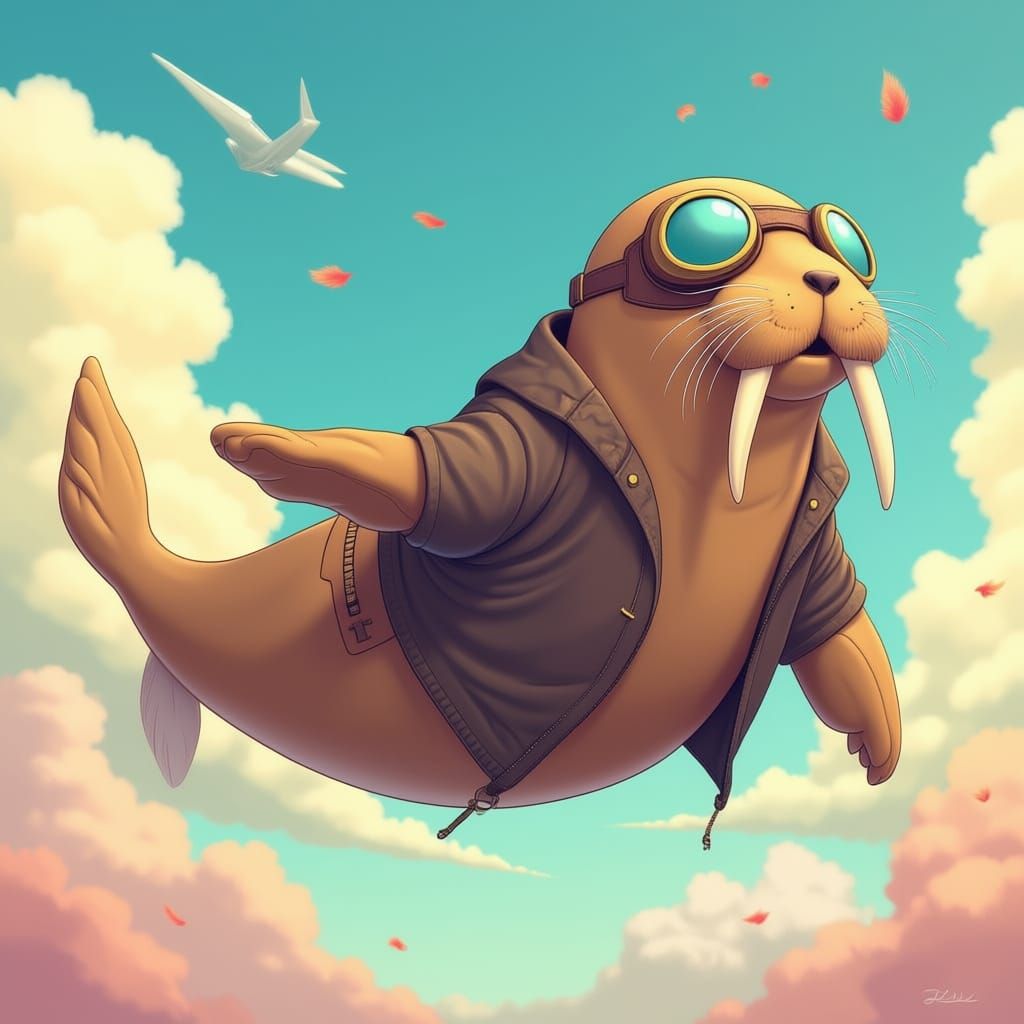 Whimsical Walrus Aviator Soaring in Dreamy Sky