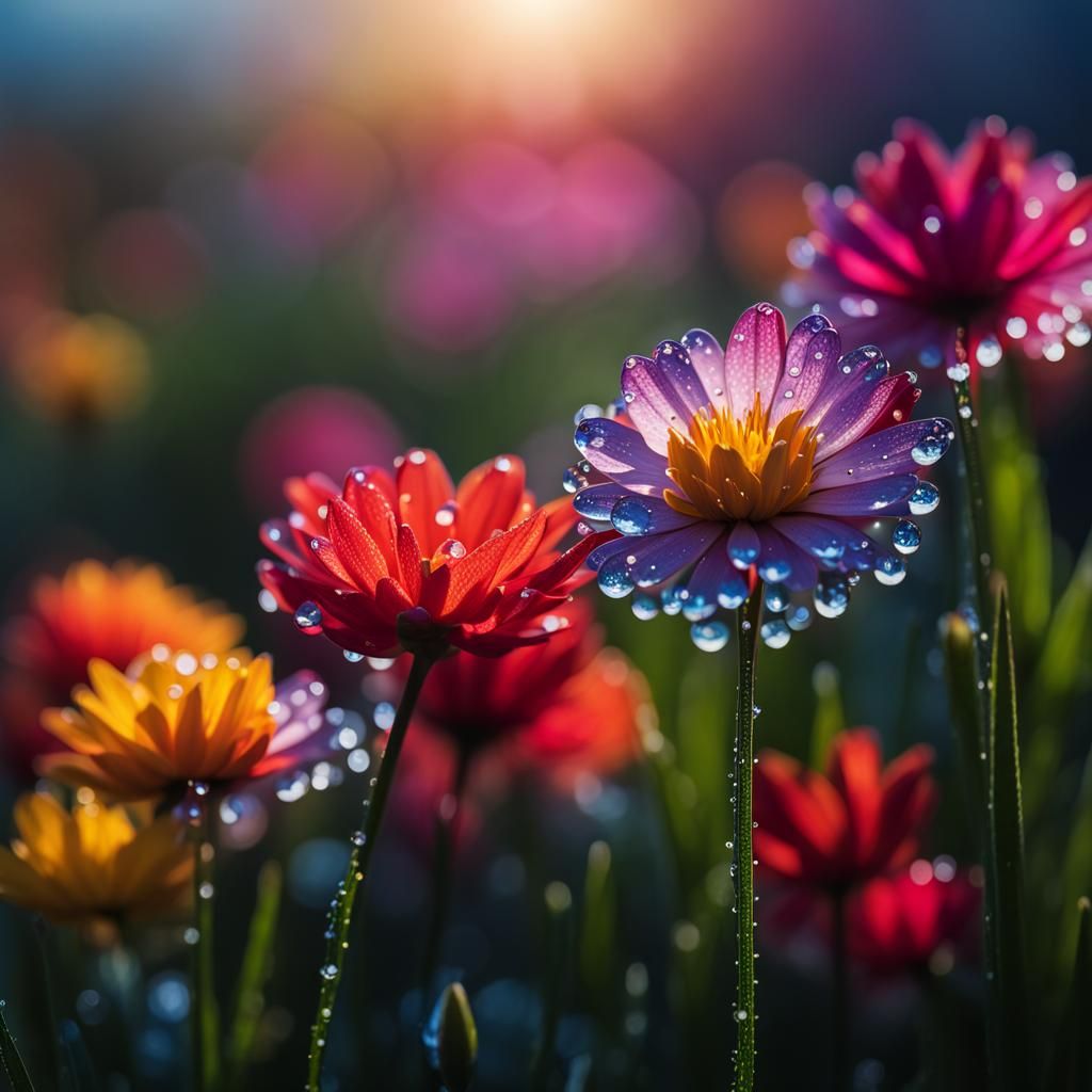 Dew Drops on Spring Flowers in Morning Light