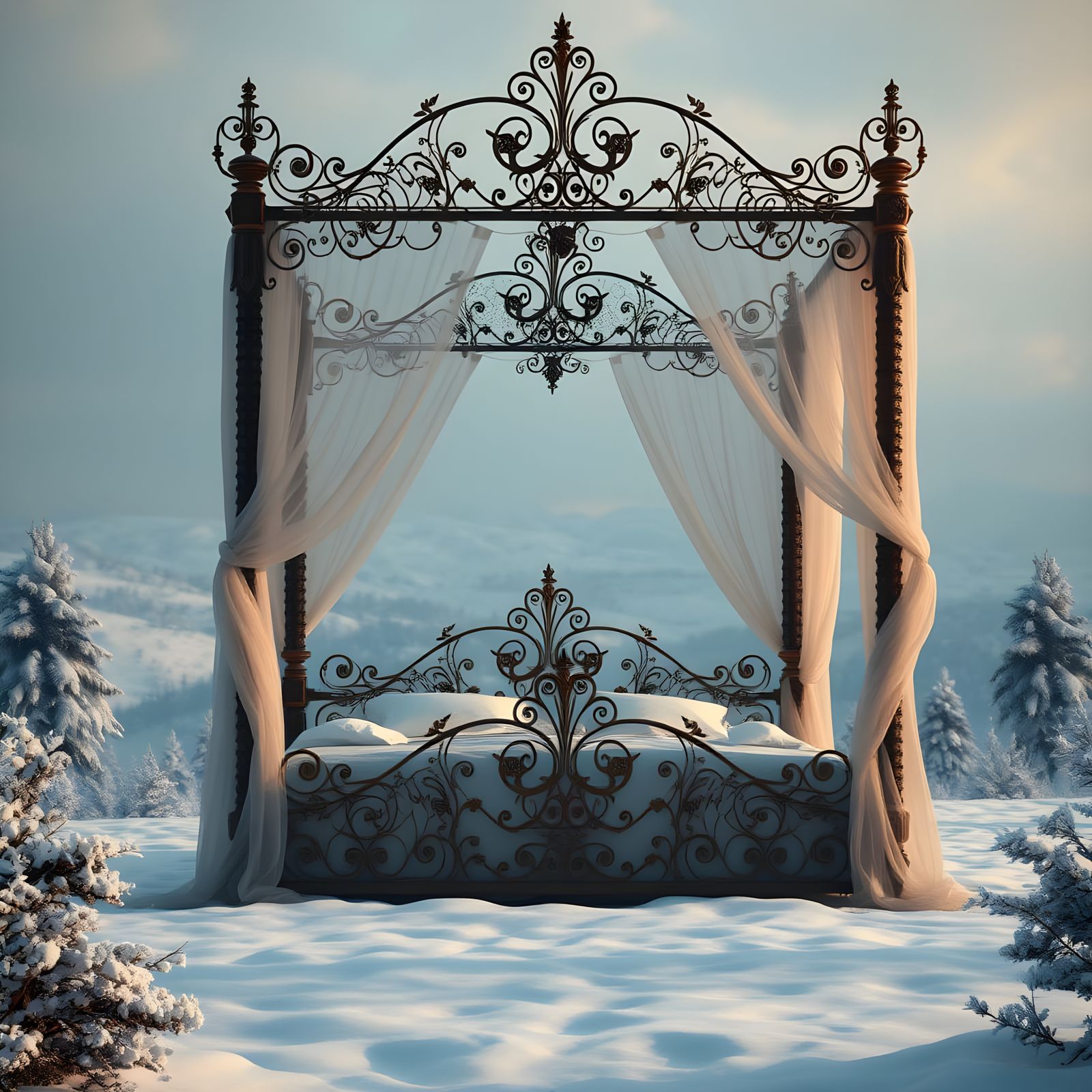 Luxurious Four-Poster Bed in Enchanting Snowy Landscape