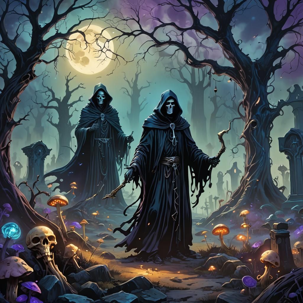 Grim Reaper in Eerie Graveyard, Tim Burton Style