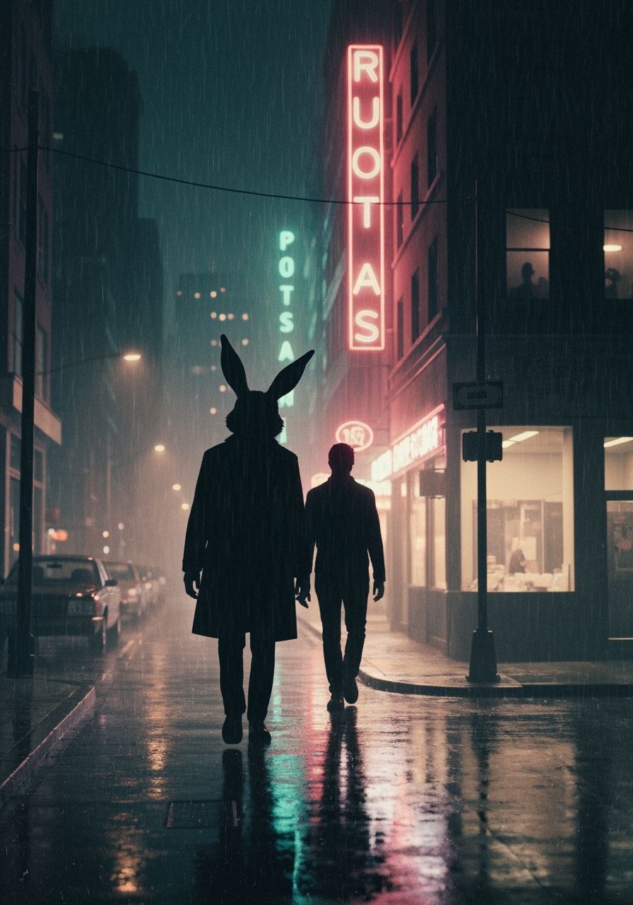 Anthropomorphic Rabbit in Rainy Noir Cityscape