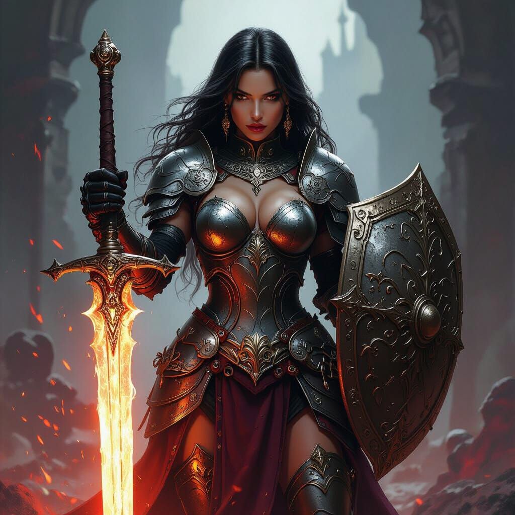 Voluptuous Warrior with Glowing Sword and Ornate Shield