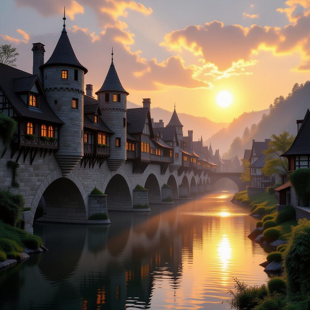 Sunrise Over Medieval Stone Bridge with Houses