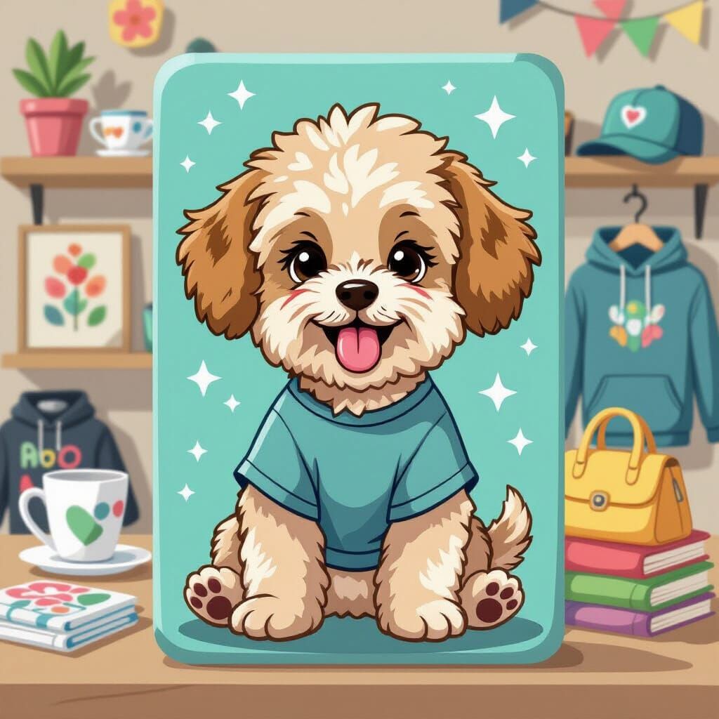 Cute Maltipoo Puppy with Merchandise in Digital Art Style