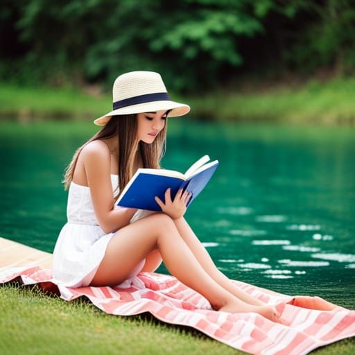 Girl Reading Book by the Water