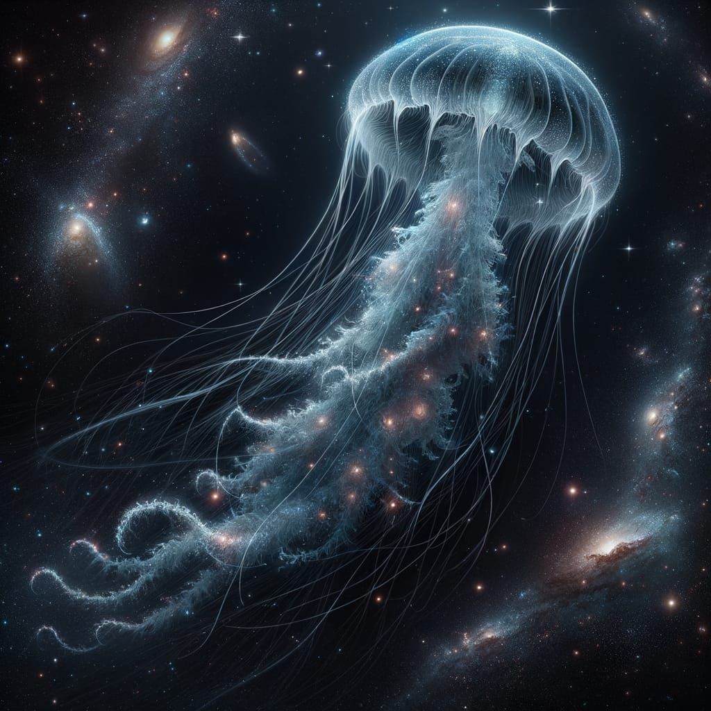 Bioluminescent Jellyfish Drifting Through Deep Space