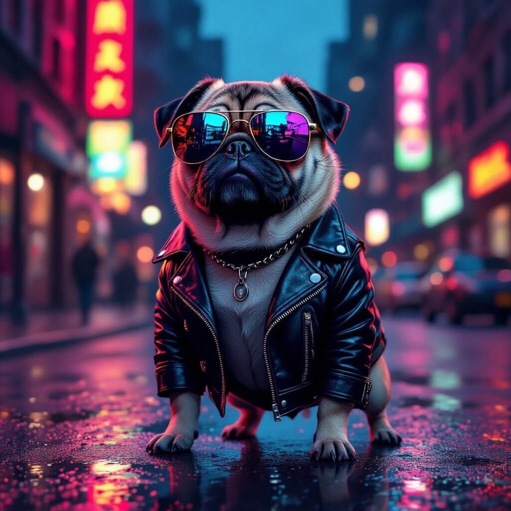 Sassy Pug in Leather Jacket on City Street at Dusk