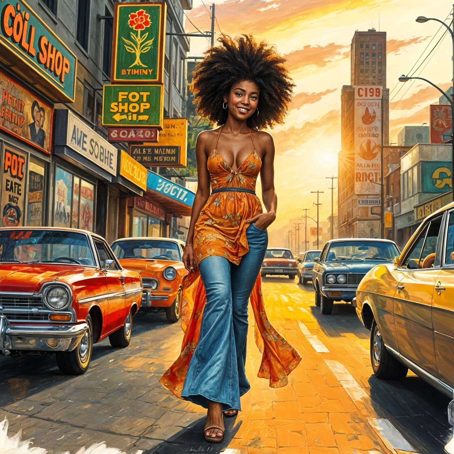 Vibrant 1970s City Scene with Smiling Woman Searching for Po...