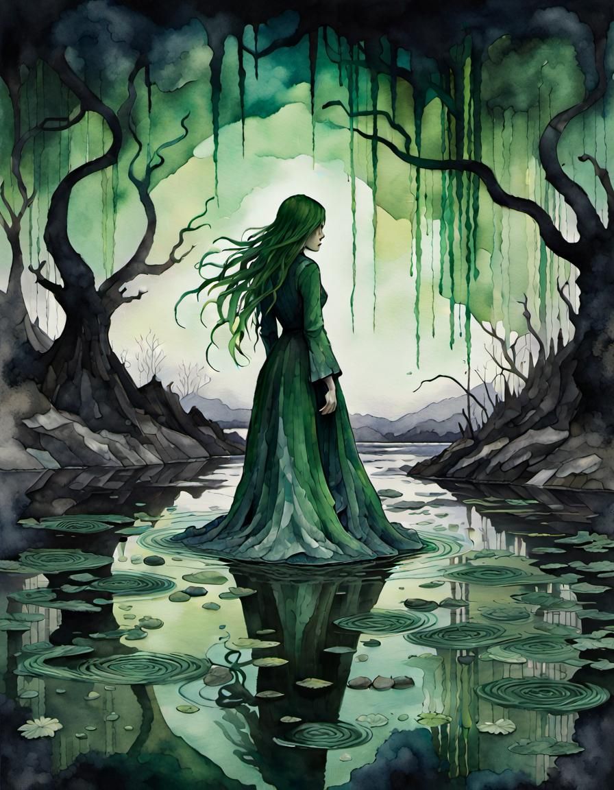 Lovecraftian Nightmare Queen in Dark Swamp, Watercolor Art