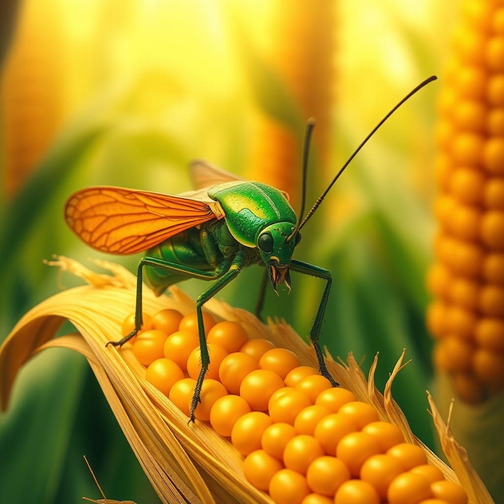 Locust Feeds on Maize Plant in Naturalist Style