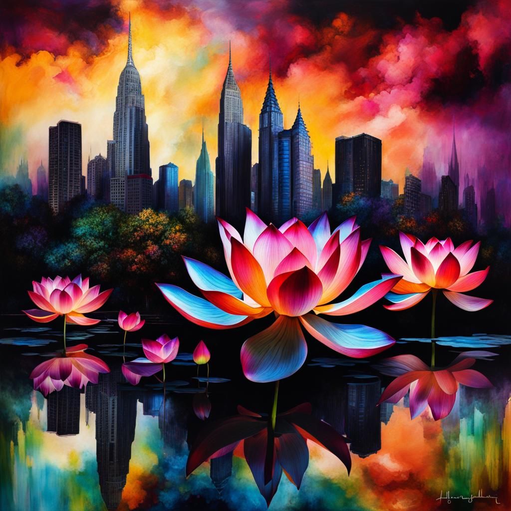 Surreal Neon City: Lotus Mind Unfolds in Organicpunk Style