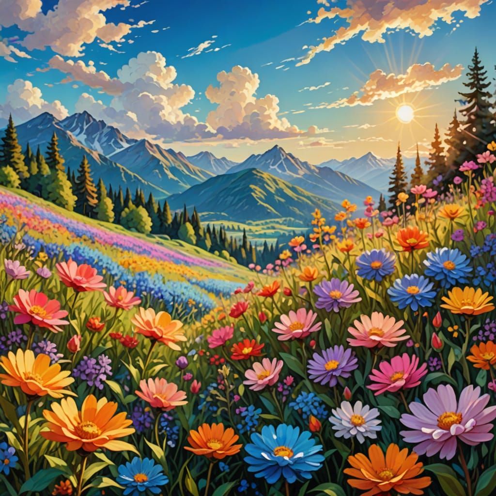 Impressionist Masterpiece of Blooming Mountains