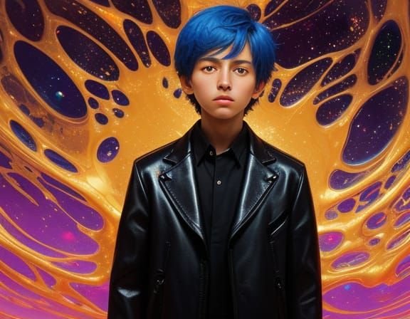 Surreal Cosmic Stage with Boy Amidst Melting Bubbles