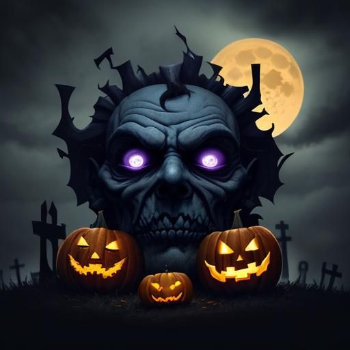 Creepy Jack-o'-Lantern in Cemetery, Hyperrealistic Concept A...