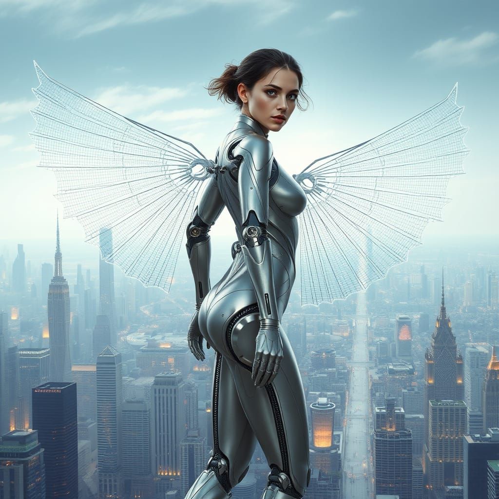 Cyberpunk Angel in Flight, European Features, Biomimetic Win...