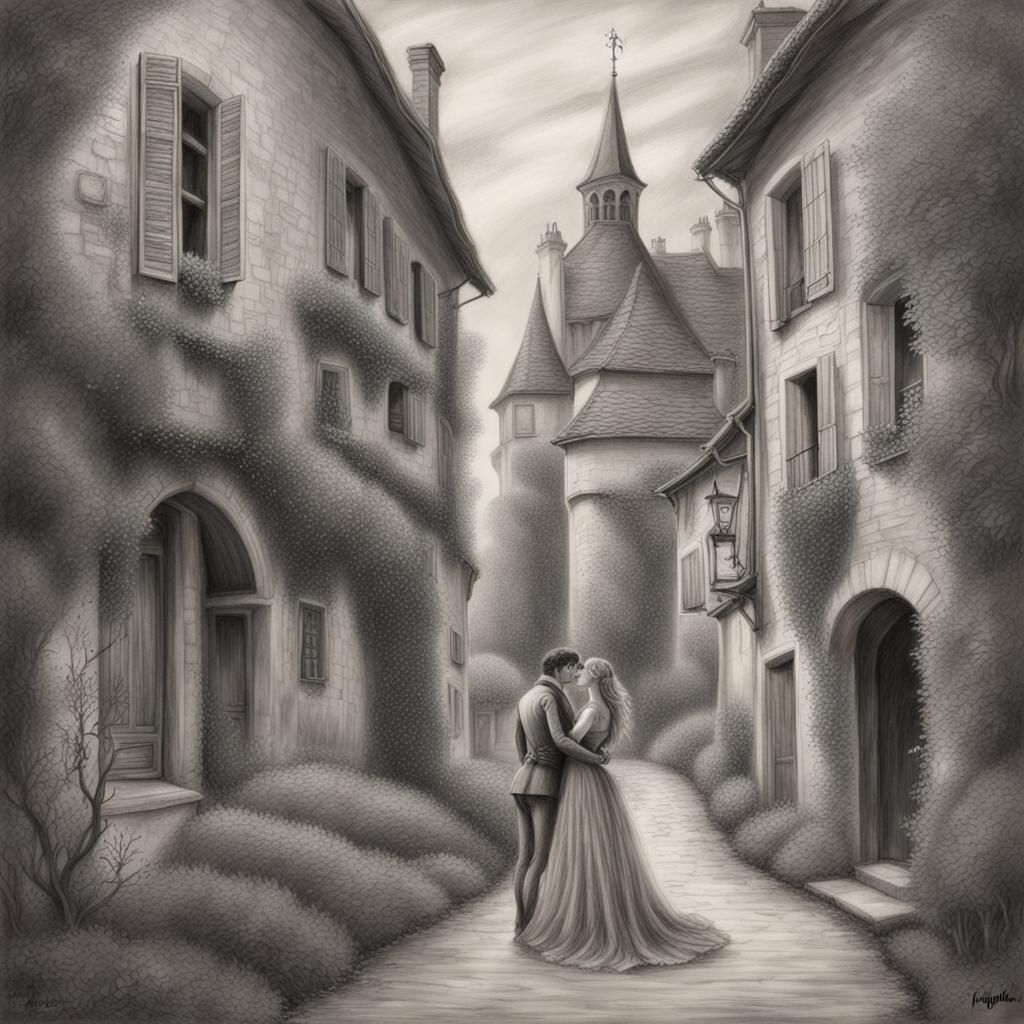 Fantasy Romance in France: Hyperdetailed Charcoal Drawing
