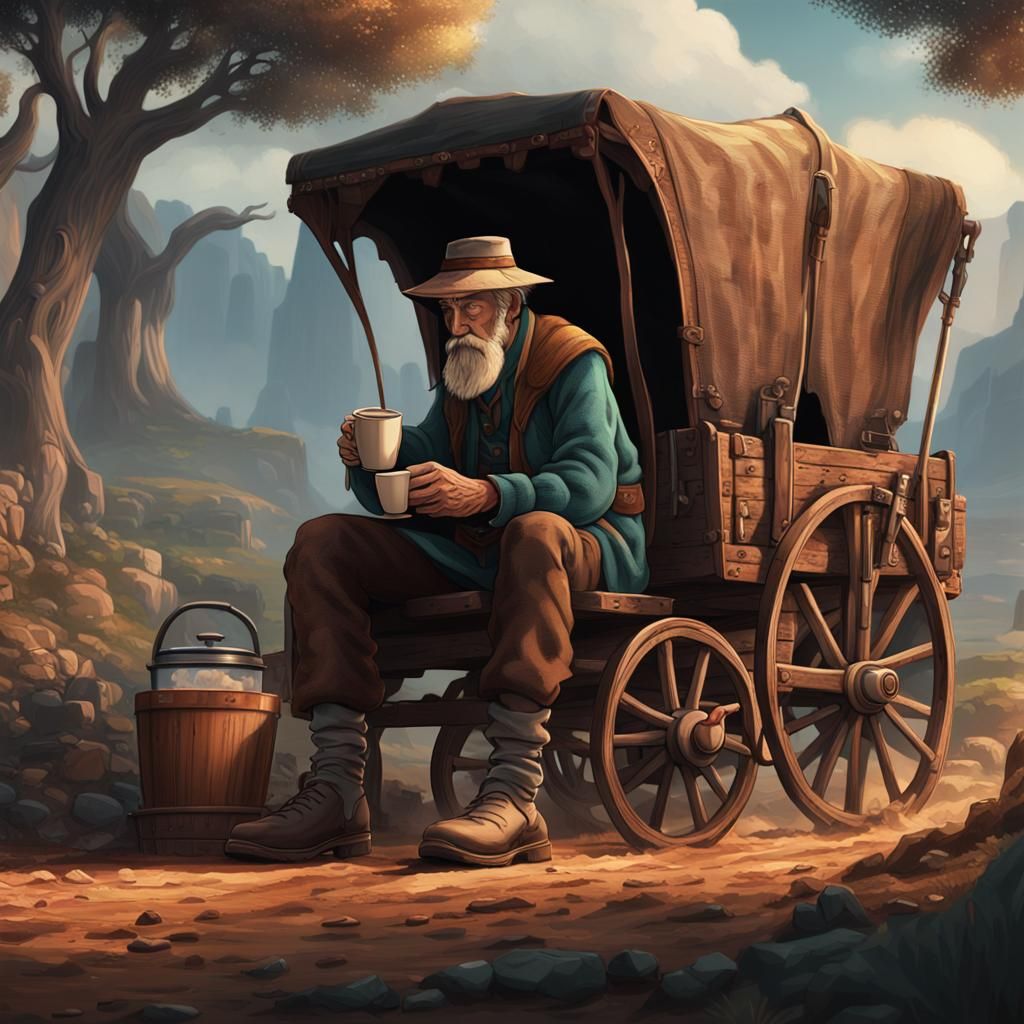 Drifter at Wagon, Graphic Novel Style Art