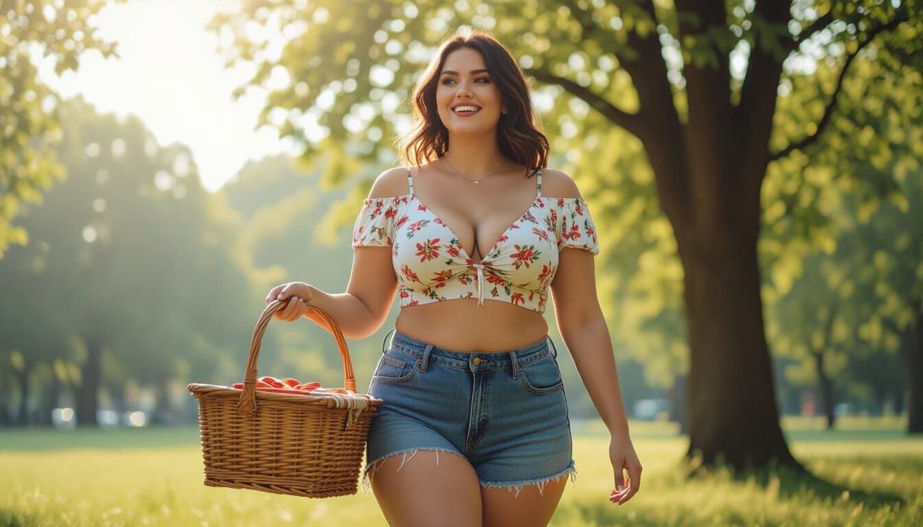 Plus Size Woman with Picnic Basket, Hyperrealistic Image