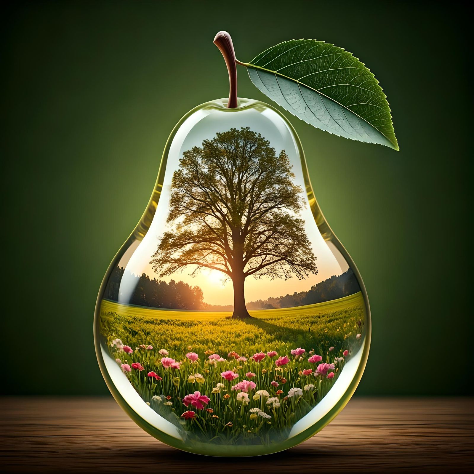 A pear shaped glass transparent image with a tree, and flowe...